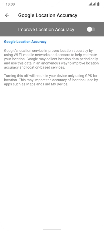 If you press the indicator next to 'Improve Location Accuracy' to turn on the function, your phone can find your exact position using the GPS satellites, the mobile network and nearby WiFi networks. Satellite-based GPS requires a clear view of the sky.