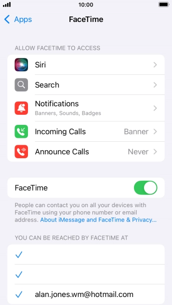 Press the indicator next to 'FaceTime' to turn the function on or off. Press the indicator next to 'FaceTime' to turn the function on or off.