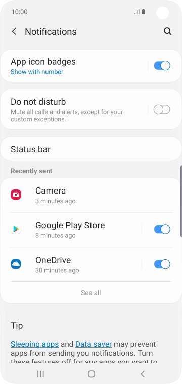 Press the indicator next to the required app to turn the function on or off.