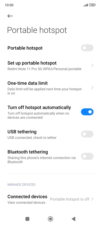 Press the indicator next to 'Portable hotspot' to turn on the function.
