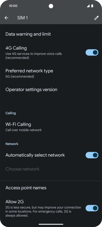 Press the indicator next to '4G Calling' to turn the function on or off.