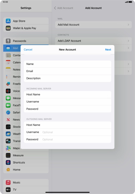 Press Username and key in the username for your email account.