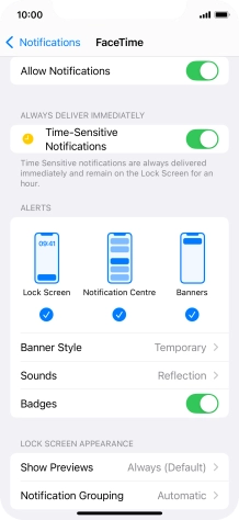 Press the indicator next to 'Allow Notifications' to turn notifications for the selected application on or off.