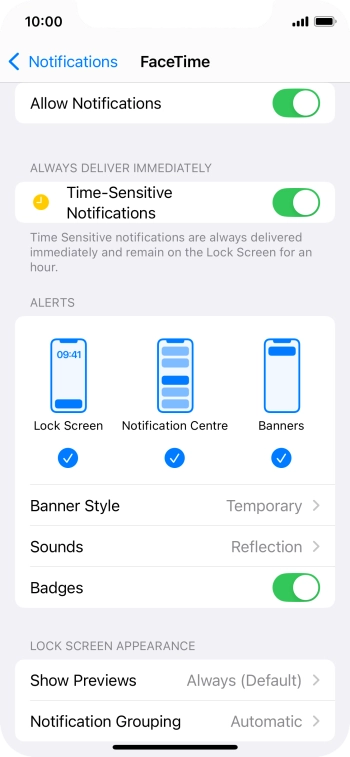Press the indicator next to 'Allow Notifications' to turn notifications for the selected application on or off.
