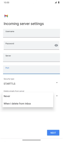 Press Never to keep emails on the server when you delete them on your phone.