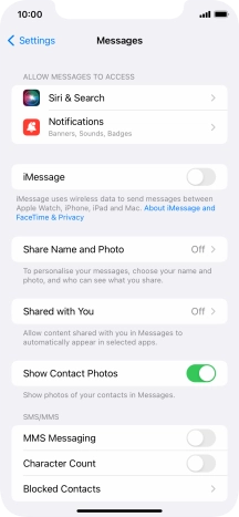 Press the indicator next to 'MMS Messaging' to turn on the function.