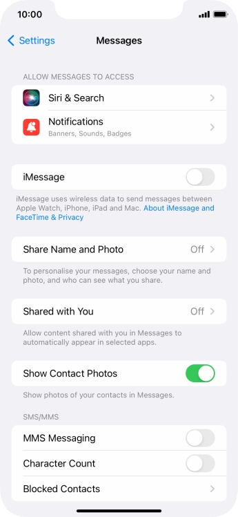 Press the indicator next to 'MMS Messaging' to turn on the function.