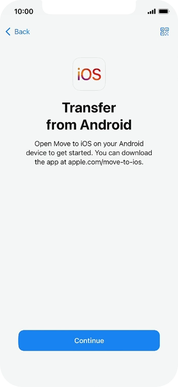 To transfer content to your phone, you need to install the app 'Move to iOS' on the Android phone. When the app is installed, press Continue.