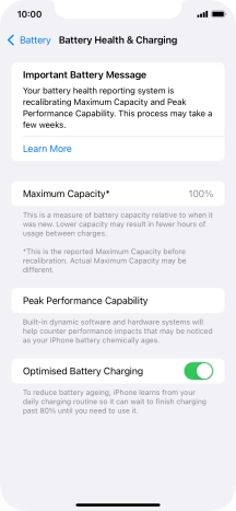 Press the indicator next to 'Optimised Battery Charging' to turn the function on or off.