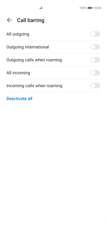 Press the indicator next to the required barring type to turn the function on or off.