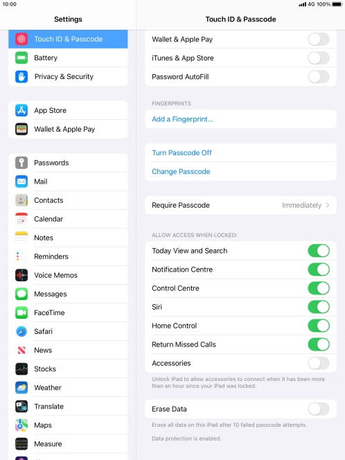 Press the indicator next to 'Erase Data' to turn the function on or off.