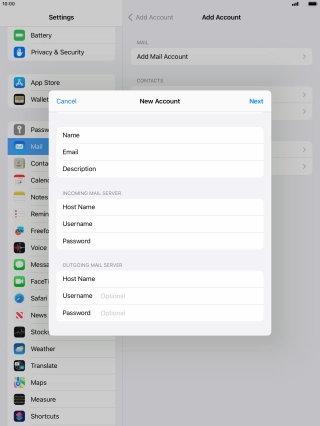 Press Username and key in the username for your email account.