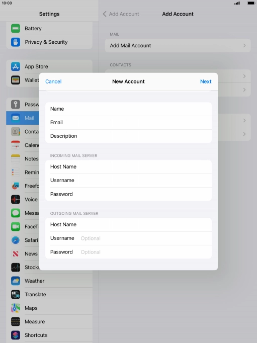 Press Username and key in the username for your email account.