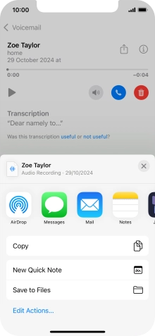 Press the required setting and follow the instructions on the screen to share or save the message.