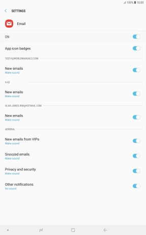 Press the indicator next to 'New emails' below the required email account to turn the function on or off.