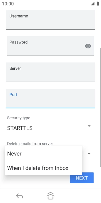 Press Never to keep emails on the server when you delete them on your phone. Press Never to keep emails on the server when you delete them on your phone.