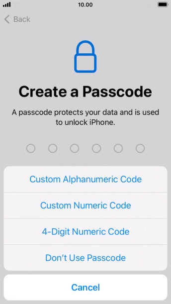 Follow the instructions on the screen to turn on the lock code or press Don't Use Passcode.