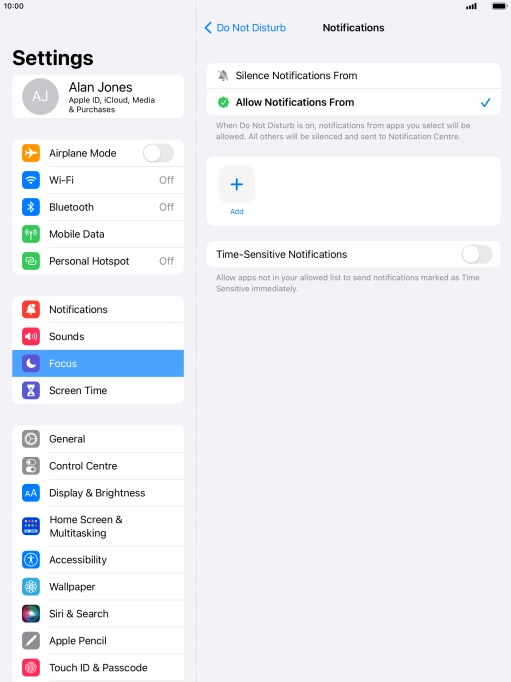 Press the indicator next to 'Time-Sensitive Notifications' to turn display of timed notifications on or off when Do Not Disturb is turned on.