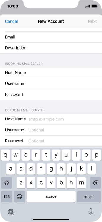 Press Host Name and key in the name of your email provider's outgoing server. Press Host Name and key in the name of your email provider's outgoing server.