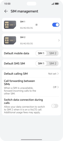 Press the indicator next to the required SIM to turn use of the SIM on or off.