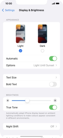 If you turn on the function, press Options and follow the instructions on the screen to select the required period of time for Dark Mode.