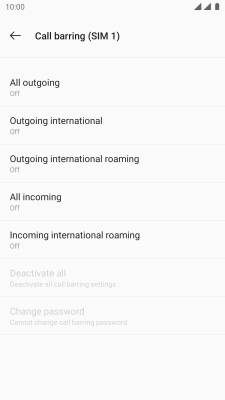 Press the required barring type to turn the function on or off.