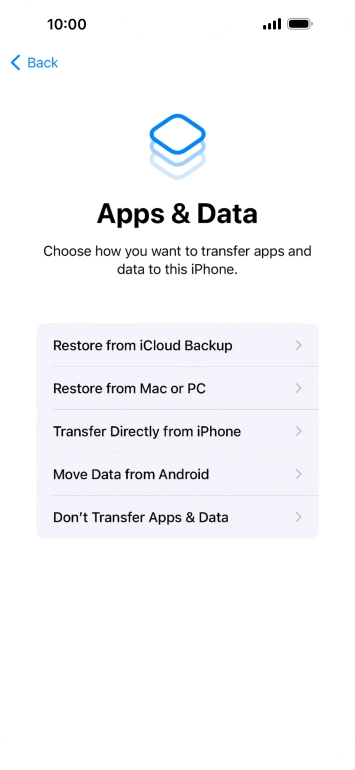 Press Don't Transfer Apps & Data and follow the instructions on the screen to finish the activation. Press Don't Transfer Apps & Data and follow the instructions on the screen to finish the activation.