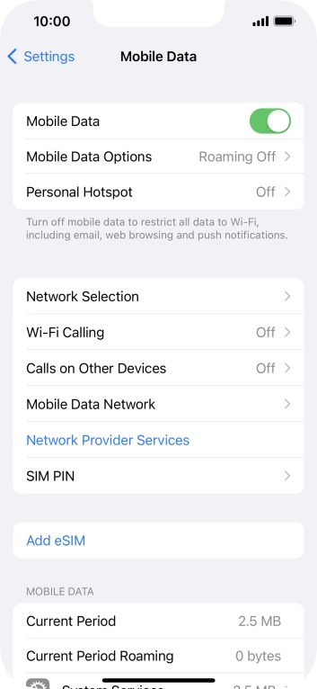 Press the indicator next to 'Mobile Data' to turn the function on or off. Press the indicator next to 'Mobile Data' to turn the function on or off.