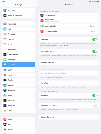 Press the indicator next to 'FaceTime' to turn the function on or off.