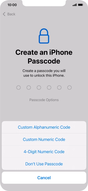 Follow the instructions on the screen to turn on the lock code or press Don't Use Passcode.