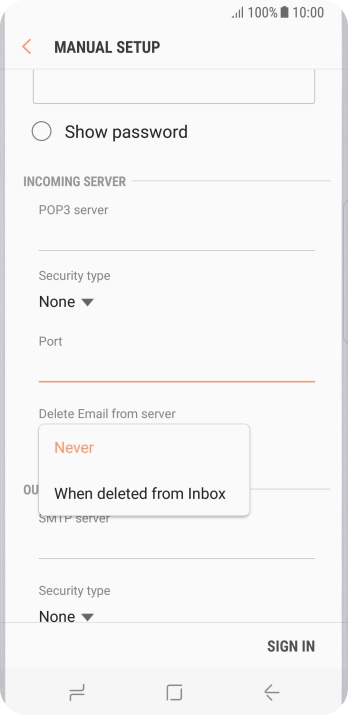 Press Never to keep emails on the server when you delete them on your phone. Press Never to keep emails on the server when you delete them on your phone.