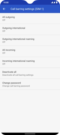 Press the required barring type to turn the function on or off.