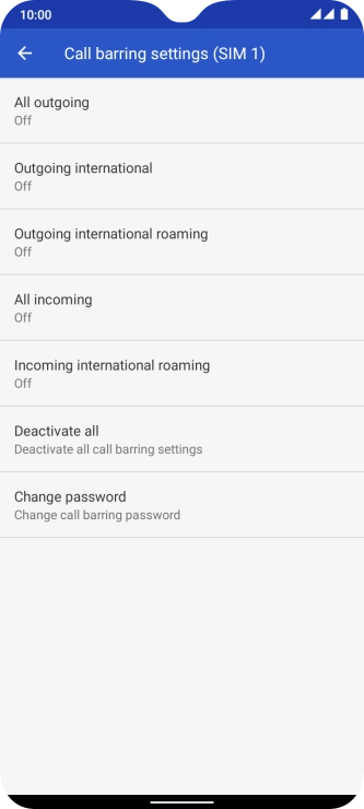 Press the required barring type to turn the function on or off.