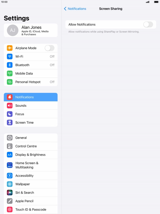 Press the indicator next to 'Allow Notifications' to turn the function on or off.