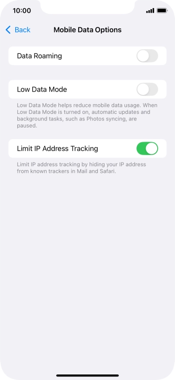 Press the indicator next to 'Data Roaming' to turn the function on or off.