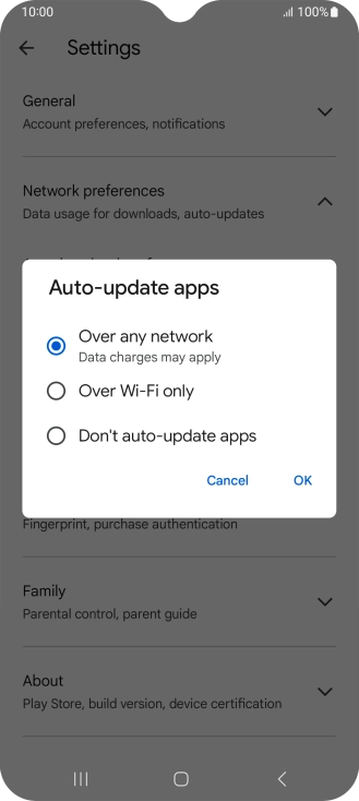 To turn on automatic update of apps using mobile network, press Over any network. To turn on automatic update of apps using mobile network, press Over any network.