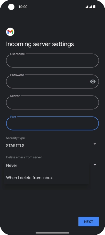 Press Never to keep emails on the server when you delete them on your phone.