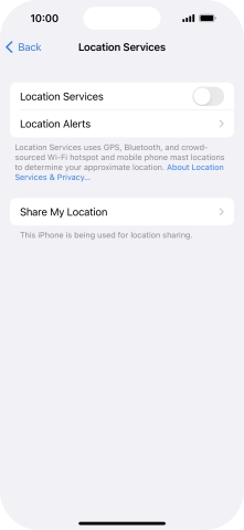 Press the indicator next to 'Location Services' to turn the function on or off.