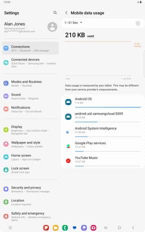 The data usage for each application is displayed below the name of the application.