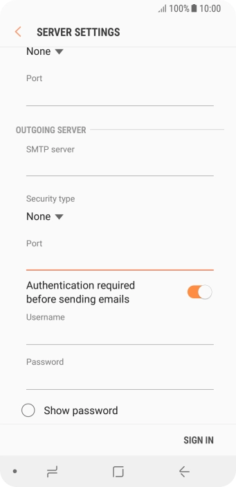 Press the indicator next to 'Authentication required before sending emails' to turn on the function.