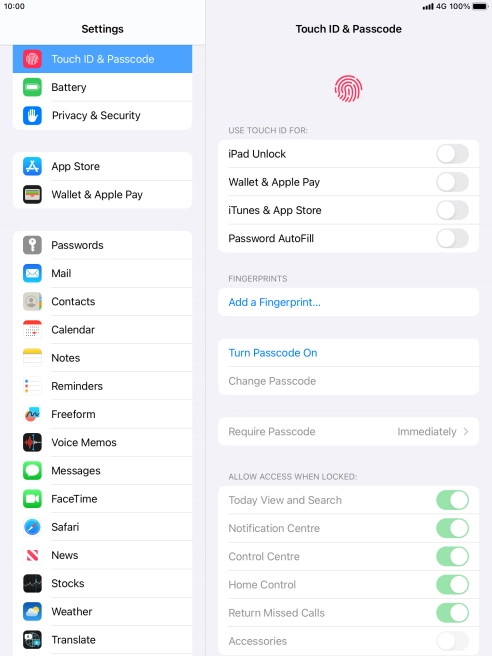 Press Turn Passcode On and key in a lock code of your own choice twice.