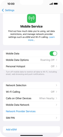 Press the indicator next to 'Mobile Data' to turn the function on or off.