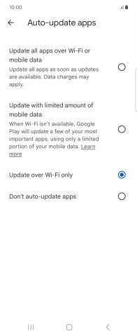 To turn on automatic update of apps using mobile network, press Update all apps over Wi-Fi or mobile data.