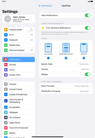 Press the indicator next to 'Allow Notifications' to turn notifications for the selected application on or off.
