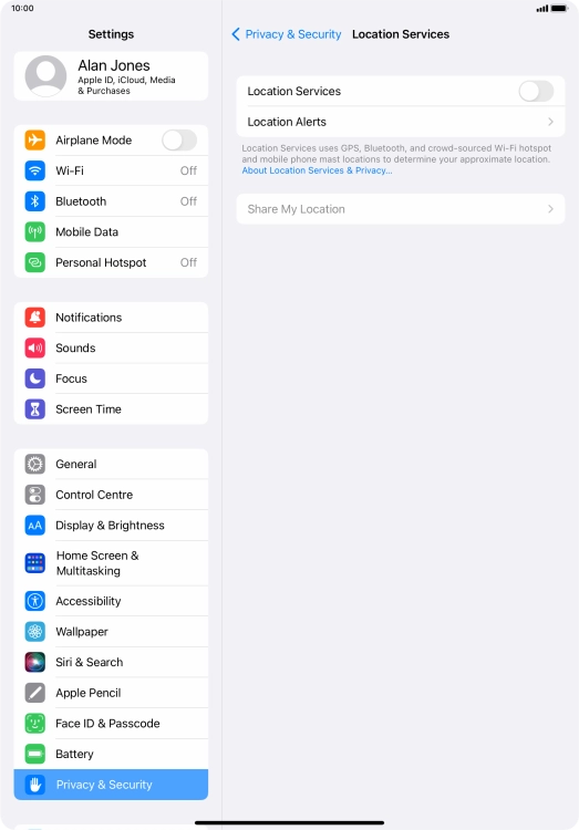 Press the indicator next to 'Location Services' to turn the function on or off.
