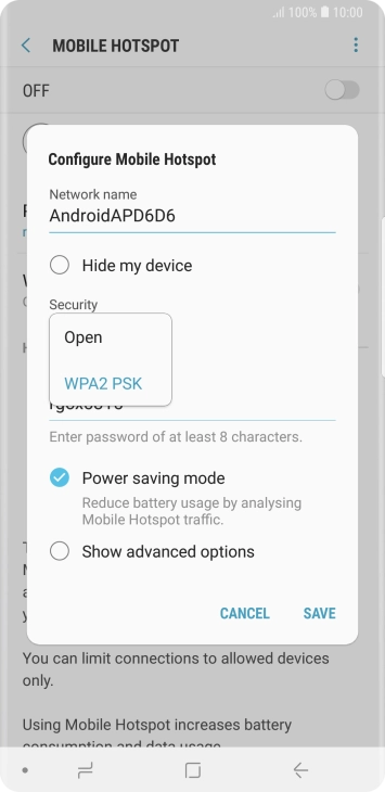 Press WPA2 PSK to password protect your WiFi hotspot.