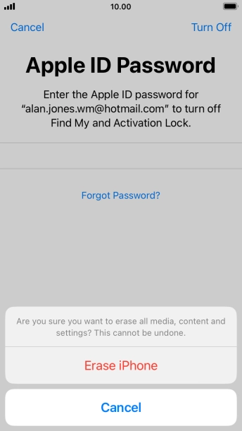 Key in the password for your Apple ID and press Erase iPhone. Wait a moment while the factory default settings are restored. Follow the instructions on the screen to set up your phone and prepare it for use.