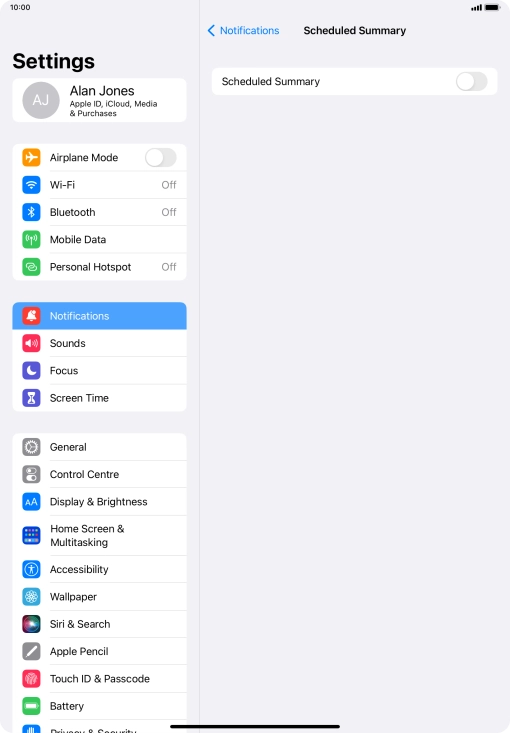 Press the indicator next to 'Scheduled Summary' to turn on the function and follow the instructions on the screen to set the notification summary. Press the indicator next to 'Scheduled Summary' to turn on the function and follow the instructions on the screen to set the notification summary.
