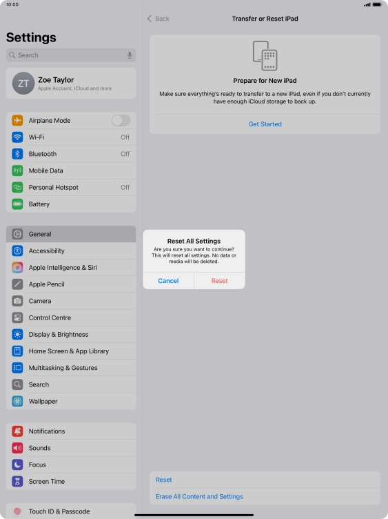 Press Reset. Wait a moment while the factory settings are restored. Follow the instructions on the screen to set up your tablet and prepare it for use.