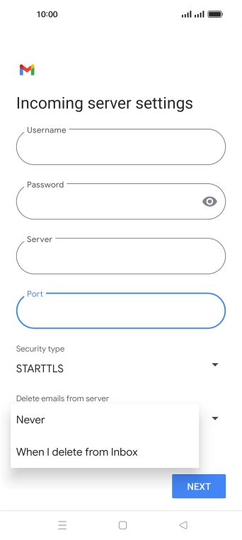 Press Never to keep emails on the server when you delete them on your phone. Press Never to keep emails on the server when you delete them on your phone.